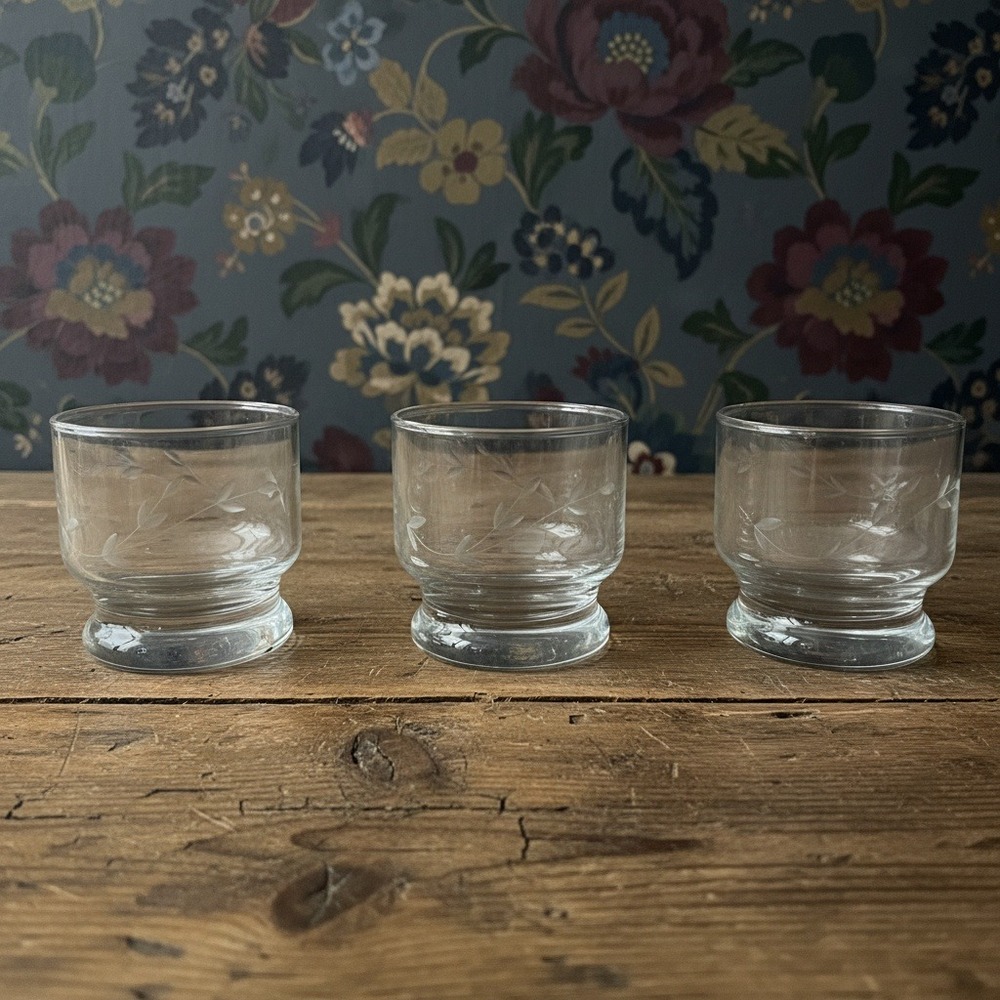 Princess House Heritage Punch Cups, Set Of 3 Glasses, Floral Etched Drinkware